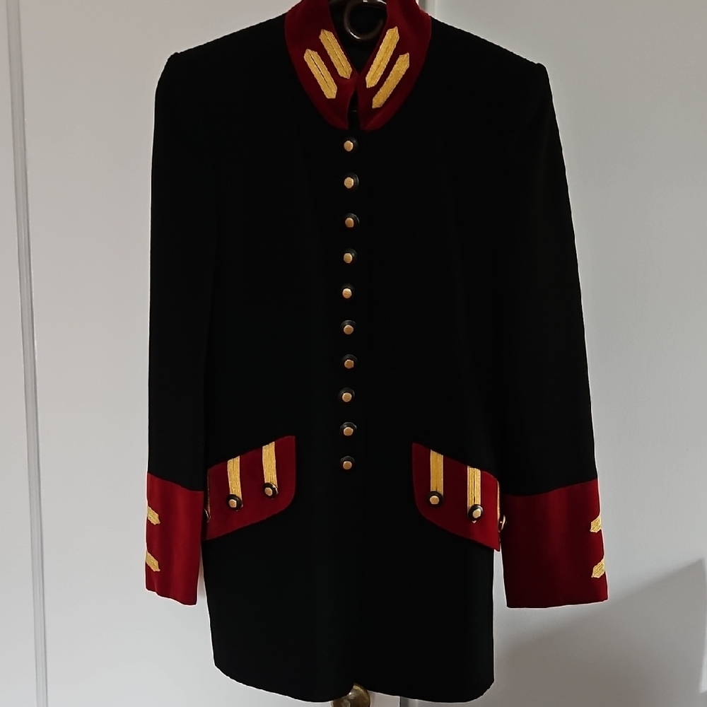 Rena Lange Black and Red Military Jacket with Gold Accents